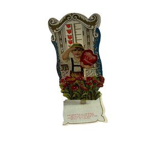 Antique Standup Valentines Day Card Embossed Pop Up Ephemera Boy Flowers Heart
